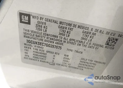 2016 Chevrolet Silverado 1500 1Lz z USA, uszkodzony, nr VIN 3GCUKSEC7GG287675